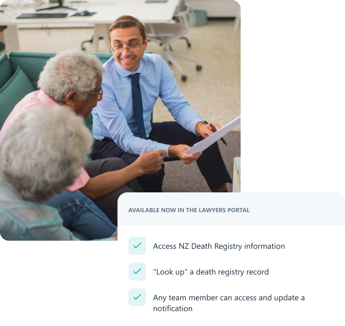 A lawyer meeting with clients